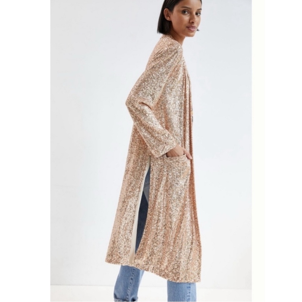 ANTHROPOLOGIE BB DAKOTA SHOW STOPPER ROSE GOLD SEQUIN CARDIGAN DUSTER 1X - Picture 2 of 10